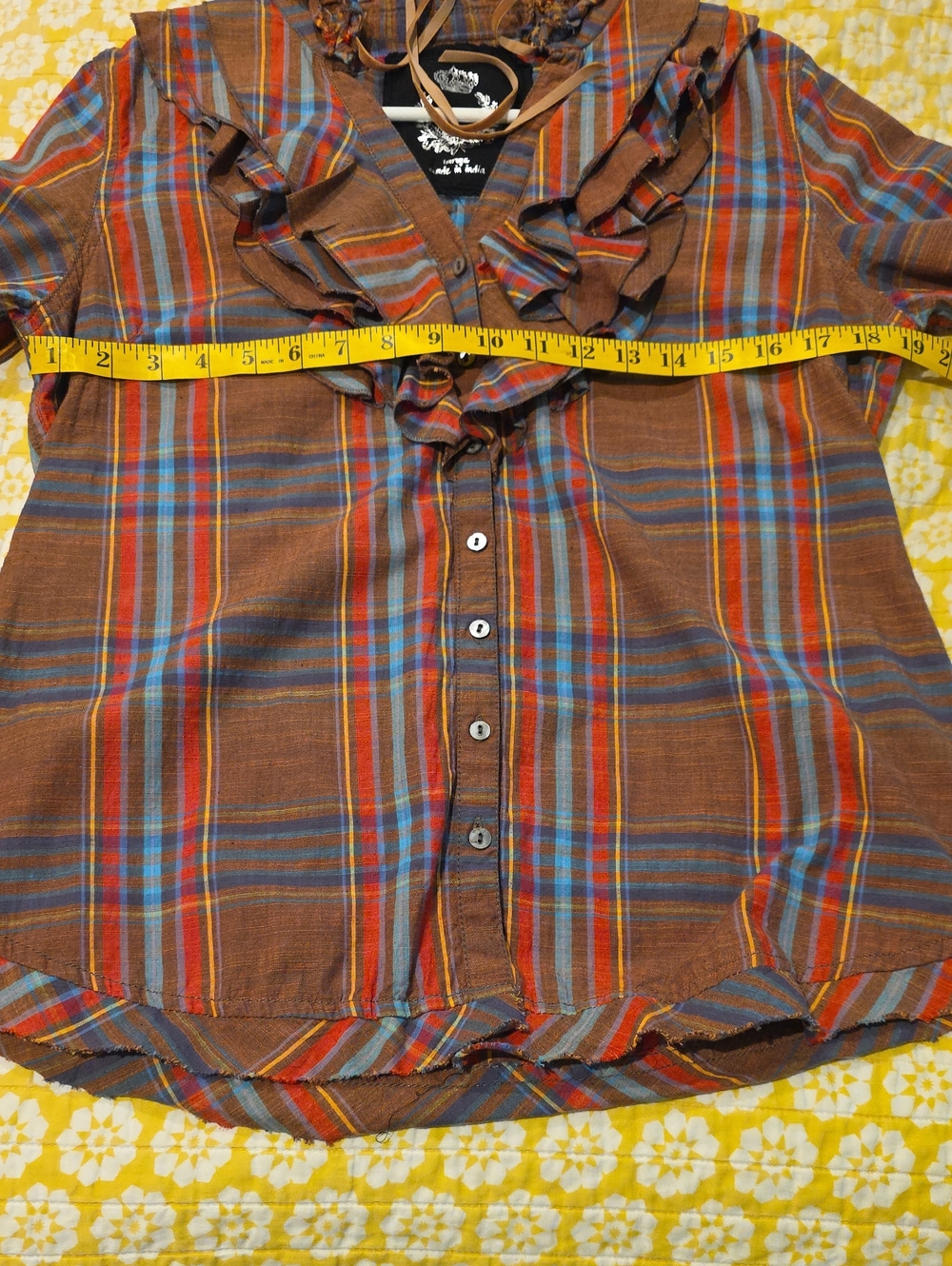 Cino Frayed Ruffle Fringe Plaid Button-Up Shirt Brown Red Blue Large Cotton - Picture 10 of 14
